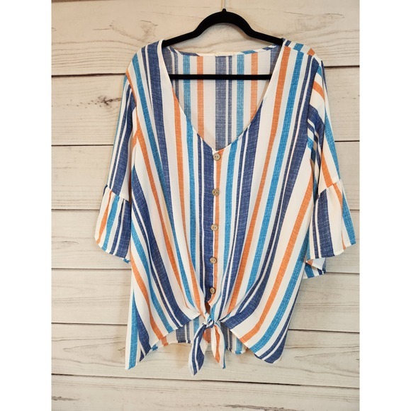 Oddi Tops - Oddi Womens Multicolor Striped Tie Front 3/4 Sleeve Button Front Blouse Size 3XL